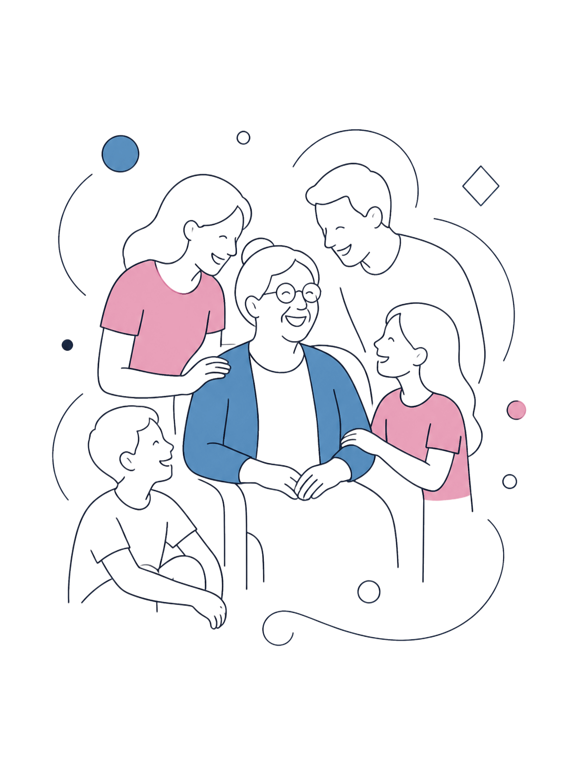 A multigenerational family gathered warmly around a seated grandmother, in Kin's editorial line-art style