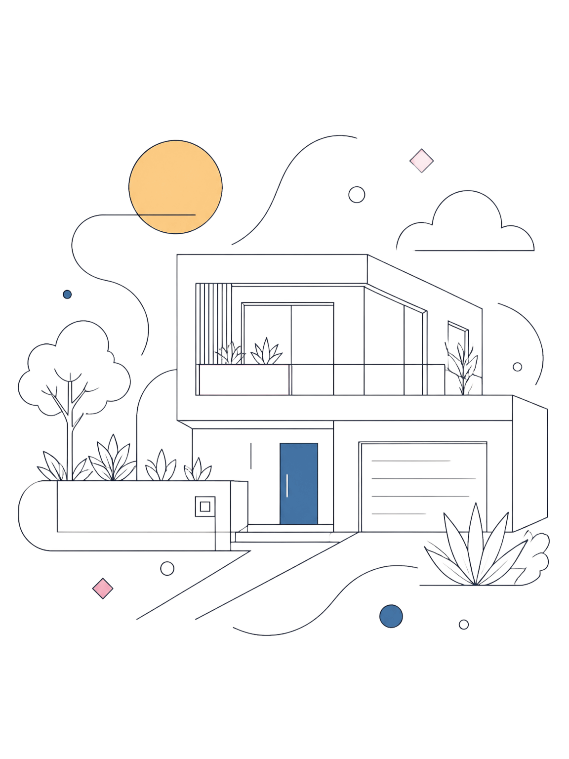 A contemporary home rendered in Kin's editorial line-art style, surrounded by plants, sun and organic decorative lines